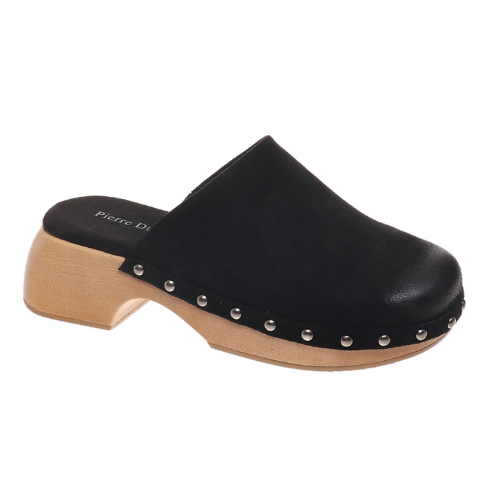 Black leather clog with wooden sole on a white background