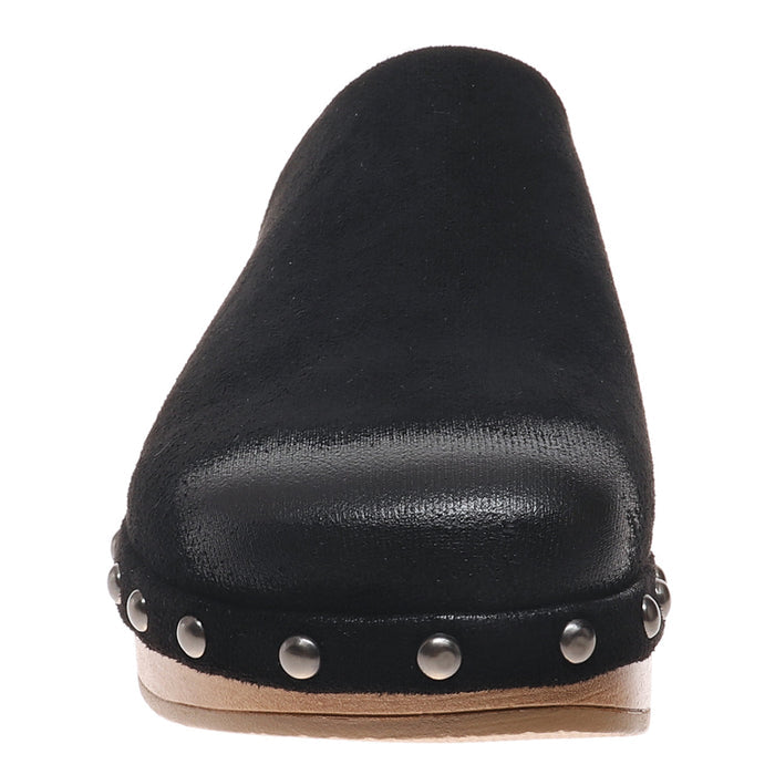Black leather clog with wooden sole on a white background