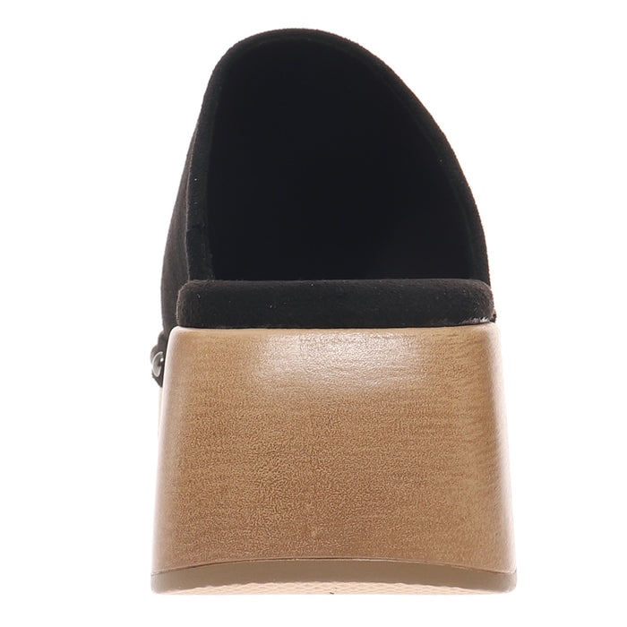Black leather clog with wooden sole on a white background
