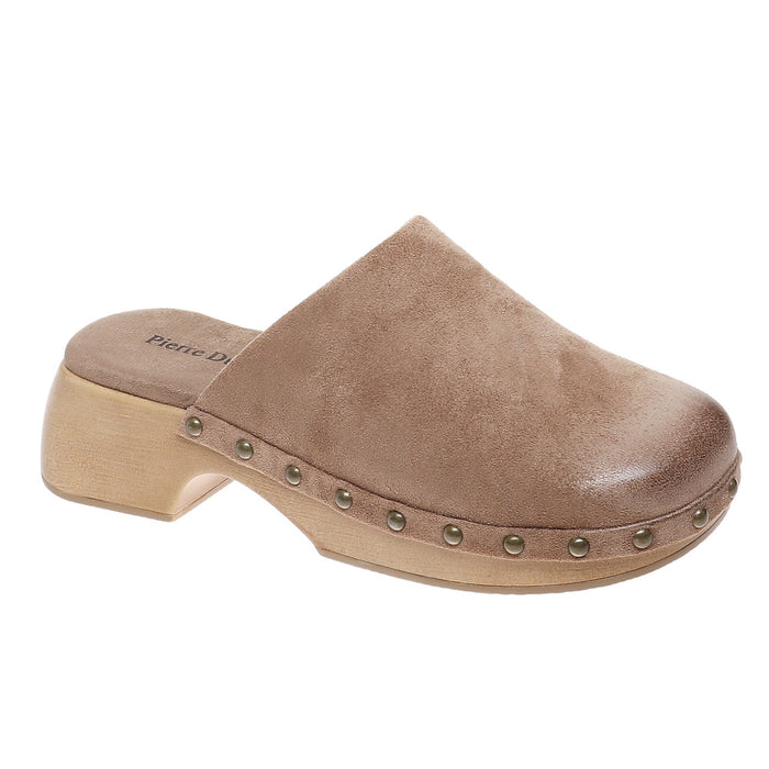 brown leather clog with wooden sole on a white background
