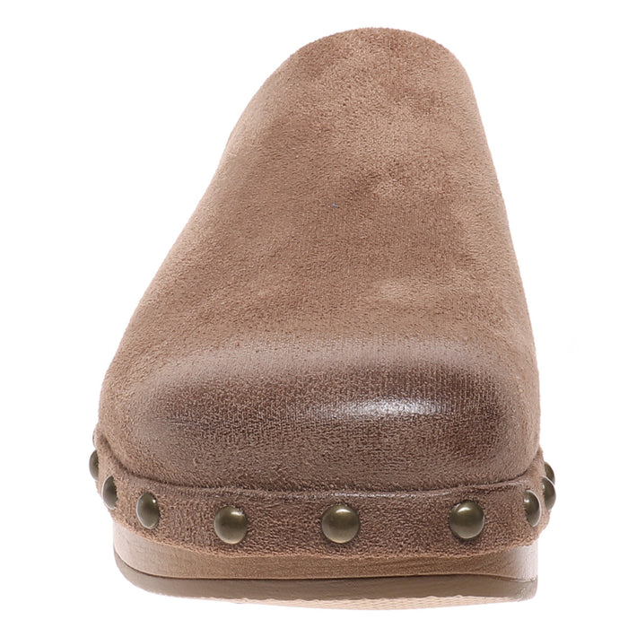 brown leather clog with wooden sole on a white background