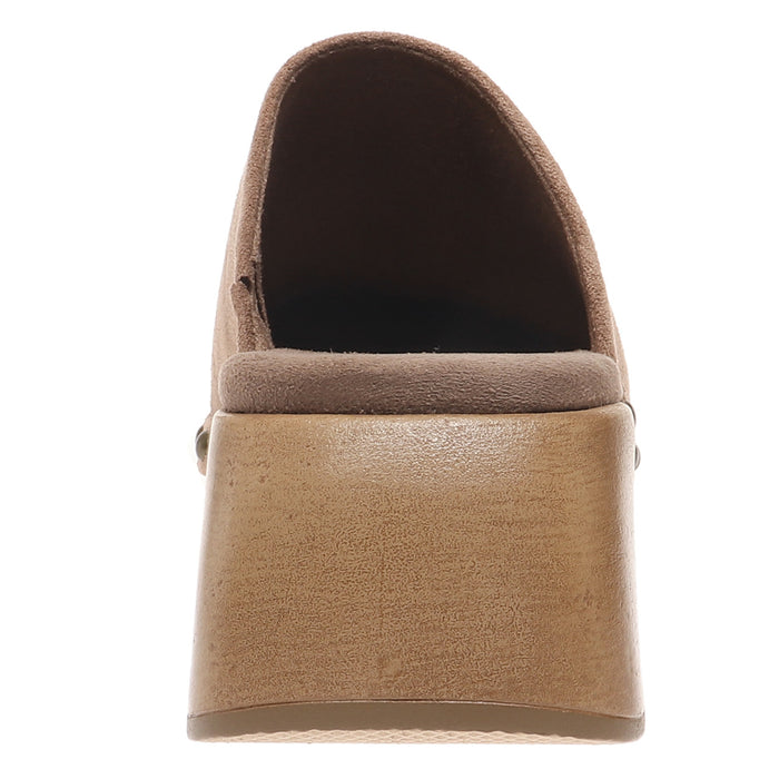 brown leather clog with wooden sole on a white background
