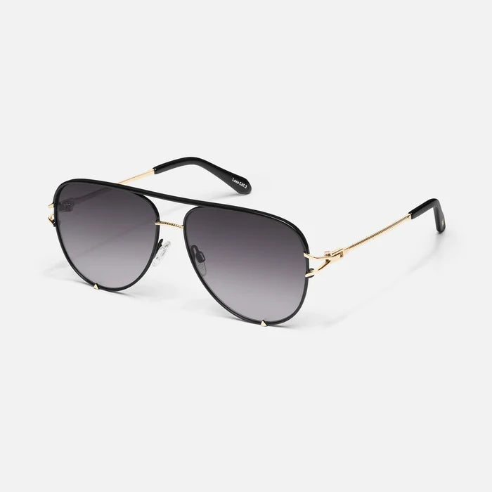 Sunglasses with black frames and gradient lenses on a white background