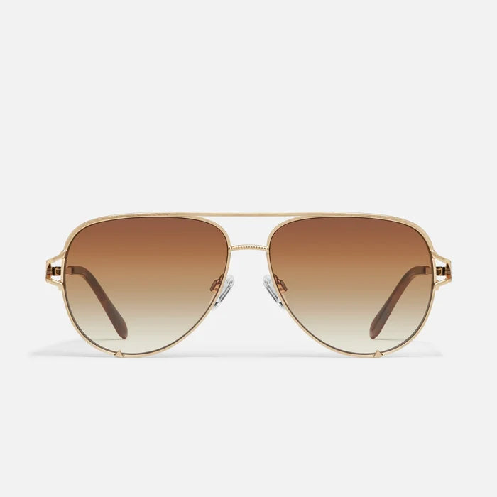 Gold-framed sunglasses with brown gradient lenses on a white background