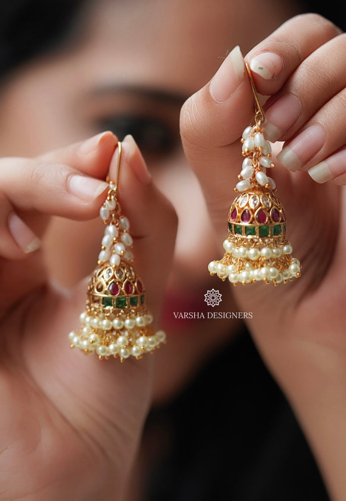 Rice Pearl Kemp Stone Jhumkas