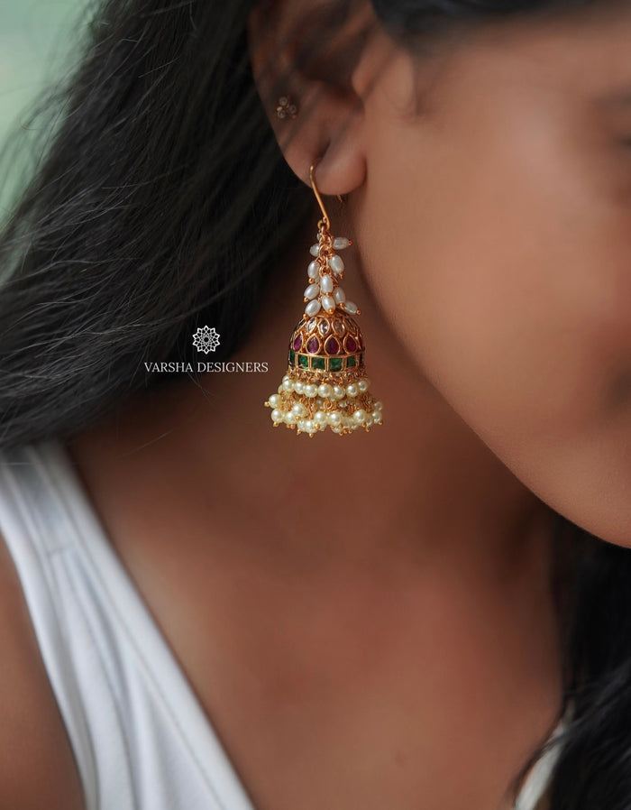 Rice Pearl Kemp Stone Jhumkas