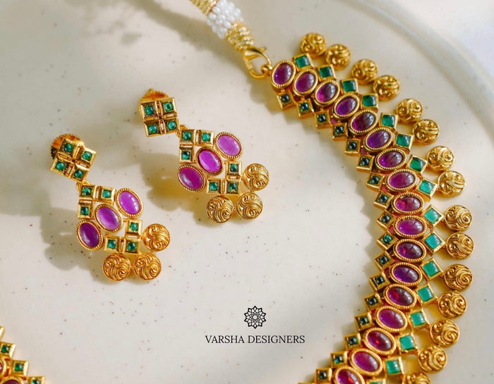 Ruby & Green Lakshmi Coin Necklace