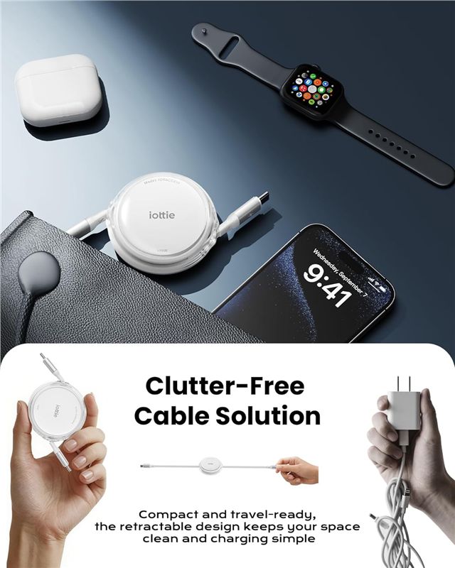 Set 2 cabluri USB-C retractabile iOttie 100W, alb