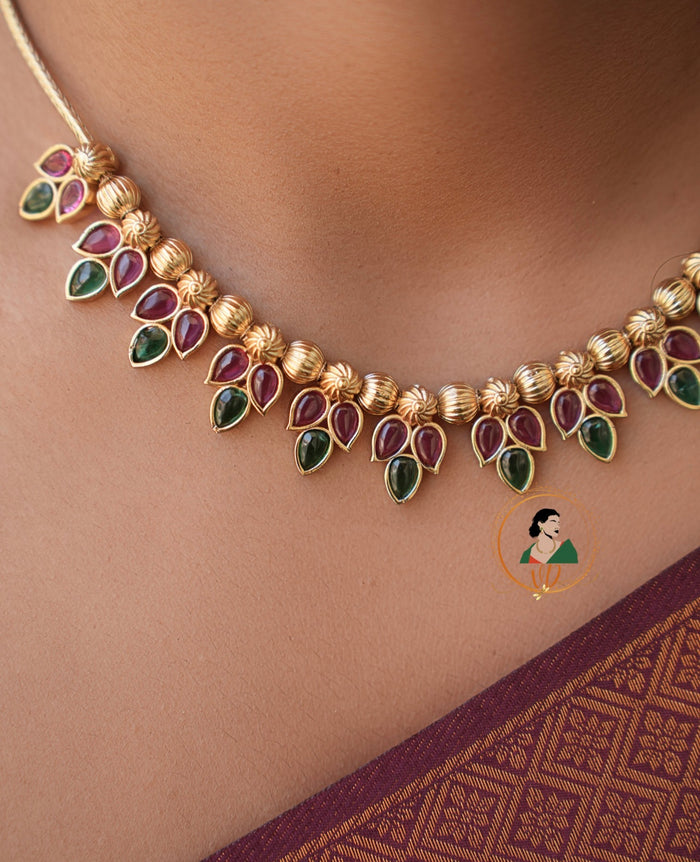 Simple Ruby & Green Stone Leaf Necklace