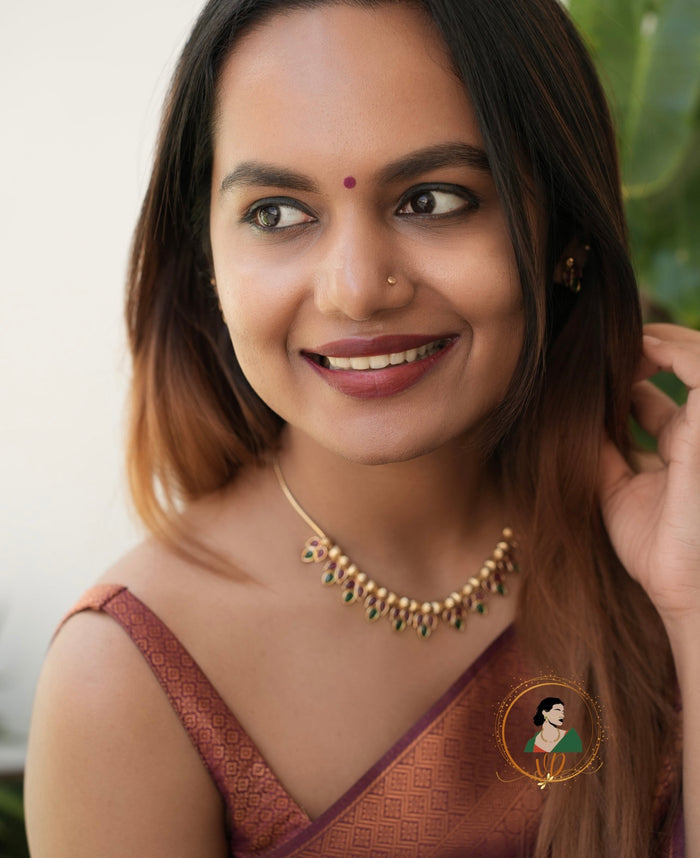 Simple Ruby & Green Stone Leaf Necklace