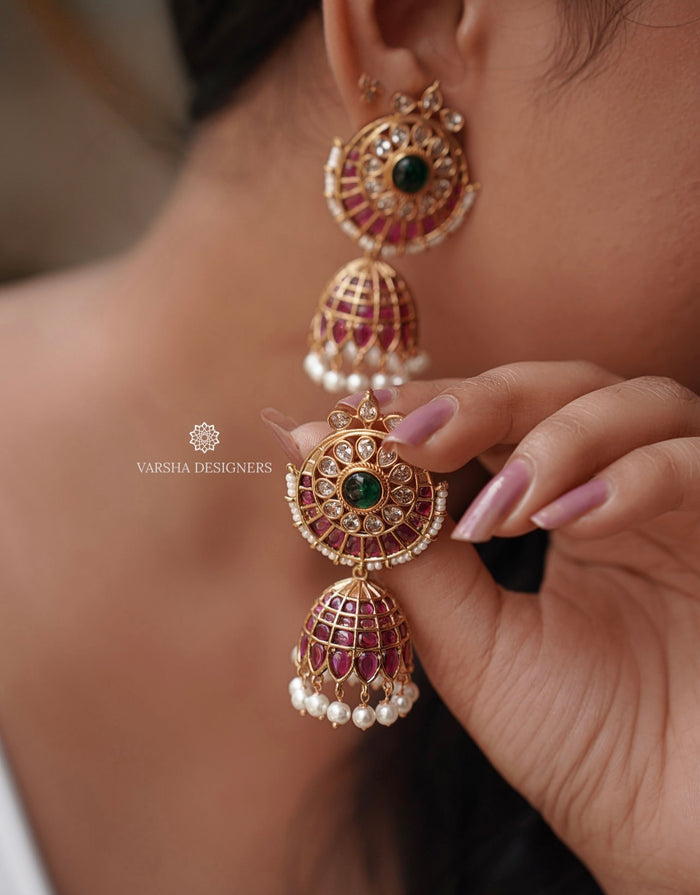 Traditional Kemp Stone Chandbali Jhumkas