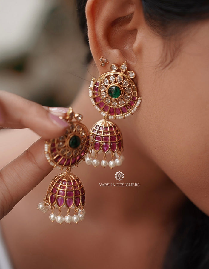 Traditional Kemp Stone Chandbali Jhumkas