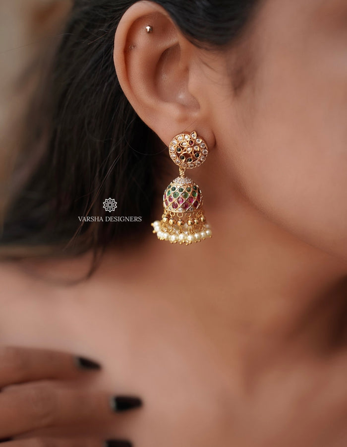 Traditional Multi Stone Kemp Jhumkas