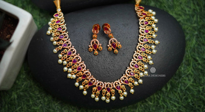 Traditional Ruby and White Stone Necklace Set