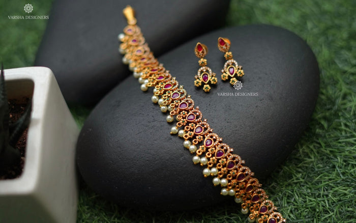 Traditional Ruby and White Stone Necklace Set