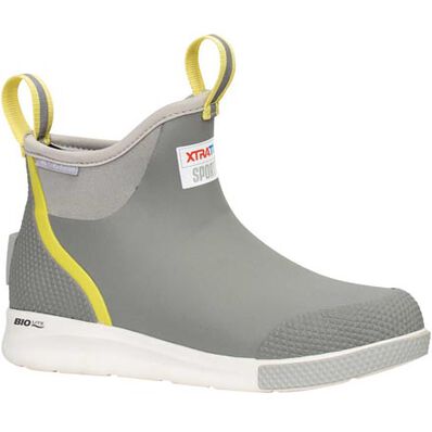 Gray rain boot with yellow accents on a white background