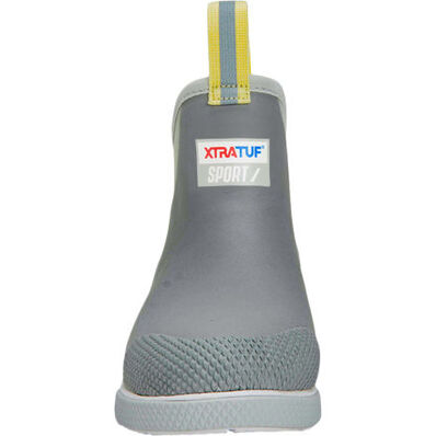 Gray rain boot with yellow accents on a white background