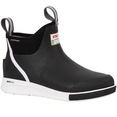 A gray XtraTuf 6 inch ankle deck boot with yellow accents and a non-marking white sole.