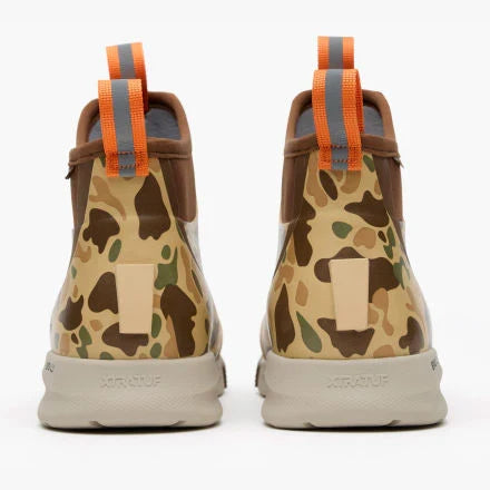 Camouflage-patterned high-top sneakers with orange accents on a white background