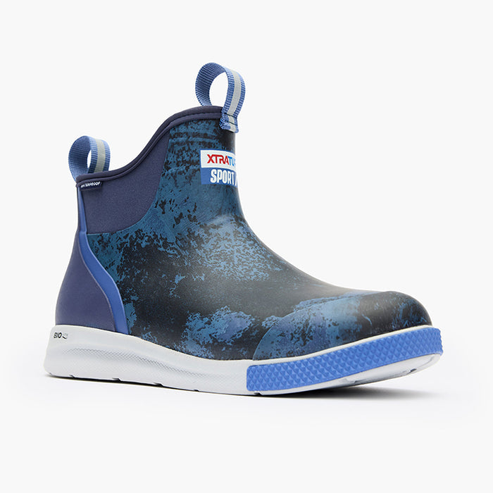 A pair of XtraTuf 6' ADB Sport M Boots for men, featuring a non-marking outsole, pull-on tabs, and a slip-resistant design in blue and black color.