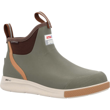 A pair of XtraTuf 6' ADB Sport M Boots for men, featuring a non-marking outsole, pull-on tabs, and a slip-resistant design in a green color