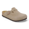 A beige Birkenstock Boston sandal with a classic suede upper, adjustable strap with a metal buckle, and a flexible EVA sole.